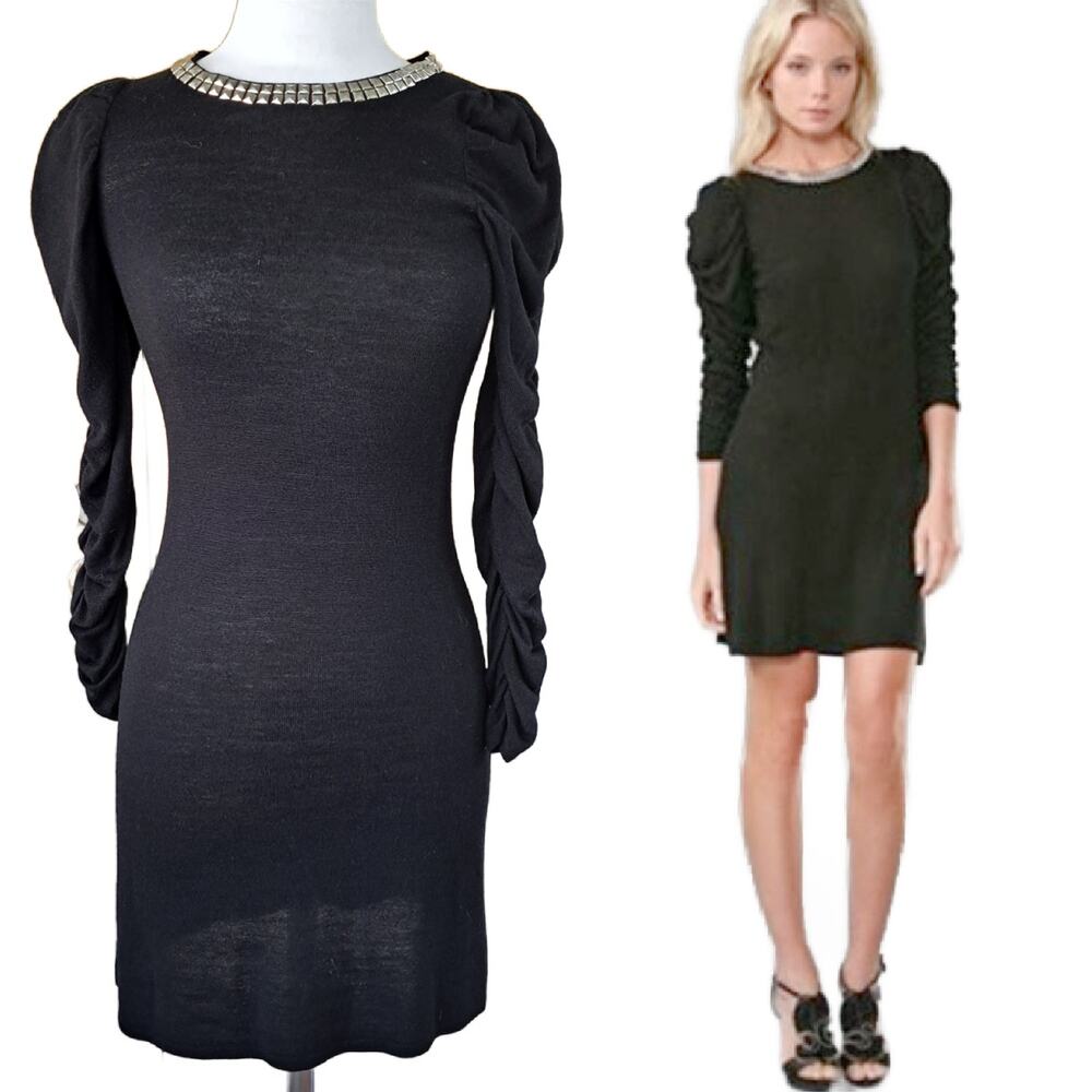 Alice + Olivia Black Studded Puff Sleeve Knit Sweater Dress Size XS